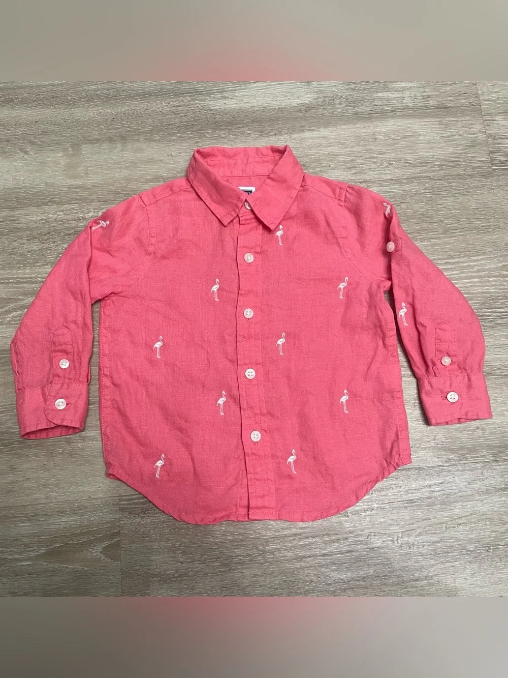 Janie and Jack Boys 100% Linen Shirt Pink Flamingo Roll Tab Long Sleeve Sz 12-18
